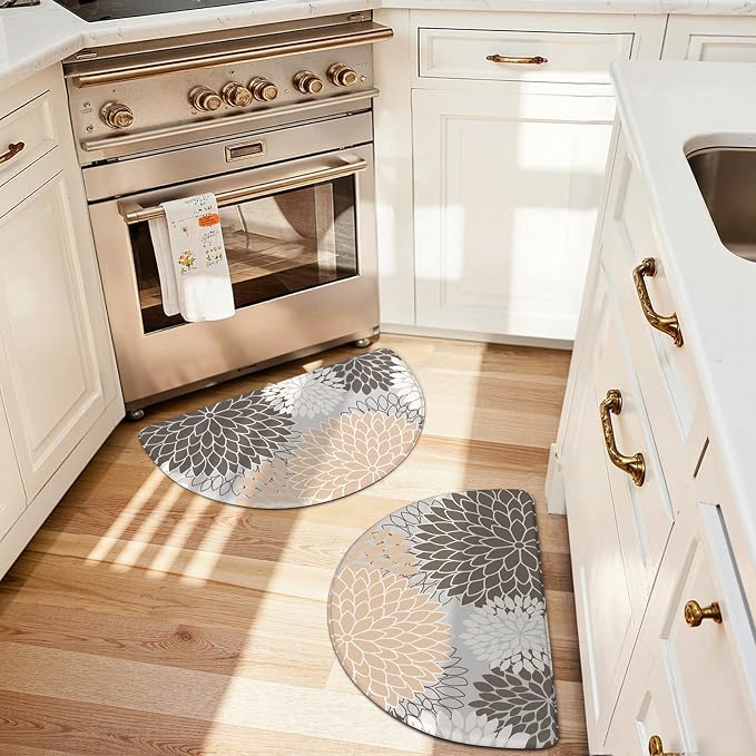 KIMODE Half Circle Kitchen Mats for Floor Cushioned Anti Fatigue 2PCS Semi | 28"x18"+28"x18",Half Round,Pink,Boho Kitchen Rug Sets of 2,Non Slip,Waterproof,Padded Kitchen Carpet Decor for Sink Laundry
