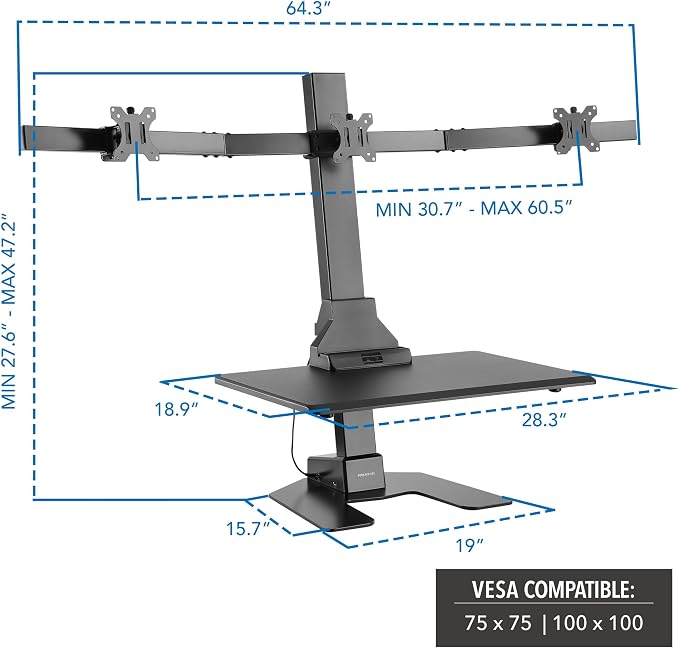 Mount-It! Triple Monitor Electric Standing Desk Converter - 3 Screens Stand Up Desk Riser - Height Adjustable Desktop & 3 Mounts for Screens up to 32", Sit-Stand Convertor for Home, Office, School