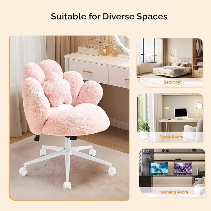 VINGLI Lovely Petal Vanity Desk Chair with Star Pillow, Height Adjustable Armless Swivel Chair in Vibrant Color-Blocking, Modern Computer Task Chair for Bedroom & Home Office, Teddy Fleece,Pink