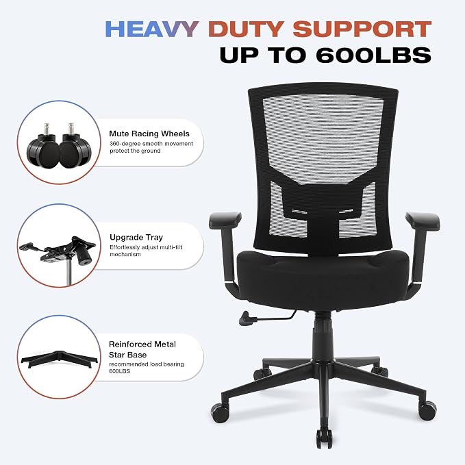 Big and Tall Office Chair 600lbs with Lumbar Support for Eight Hour Daily Work Ergonomic Mesh Desk Chair Widen 3D Cushion for Reading, Gaming