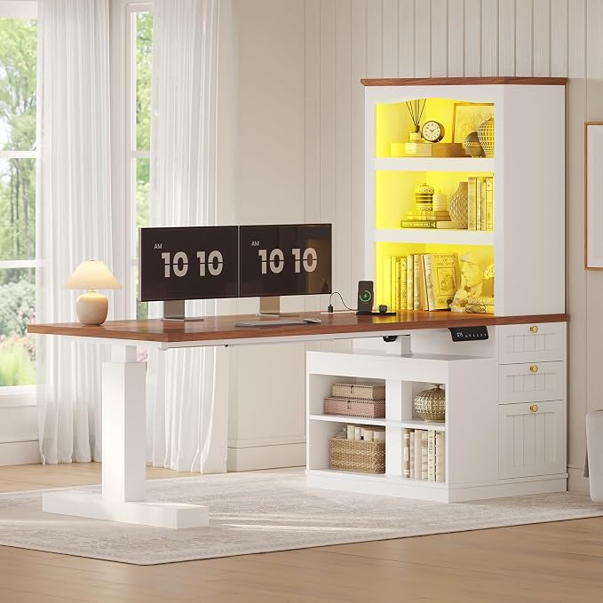 Farmhouse Standing Desk Adjustable Height with 3-Tier Bookcase, 55" Executive Electric Office Desk, Sit Stand Computer Desk with Storage Shelves, File Drawers, Power Outlets, Led Light, White+Walnut
