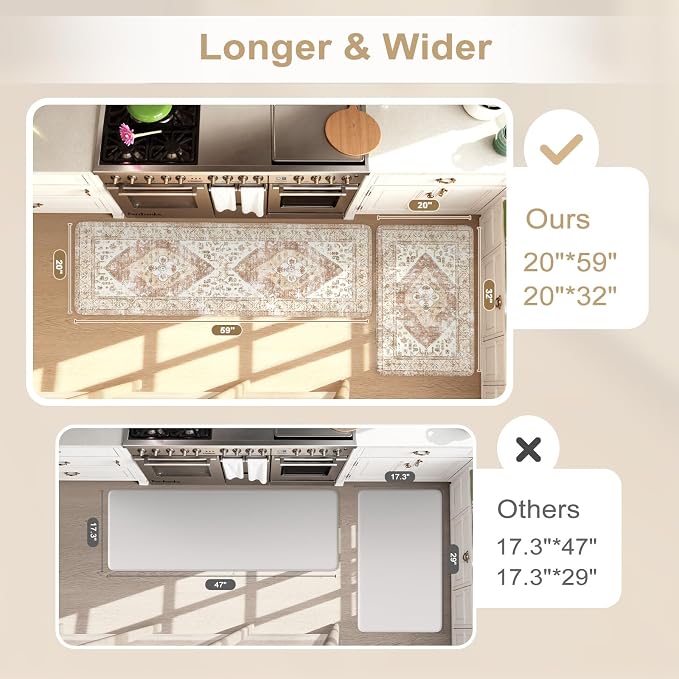KIMODE Anti Fatigue Kitchen Mats for Floor 2 Piece 20"x59"+20"x32", Khaki Boho Distressed Kitchen Rugs, Non Slip Waterproof Kitchen Floor Mat, Comfort Foam Standing Mat for Sink Laundry Office Desk