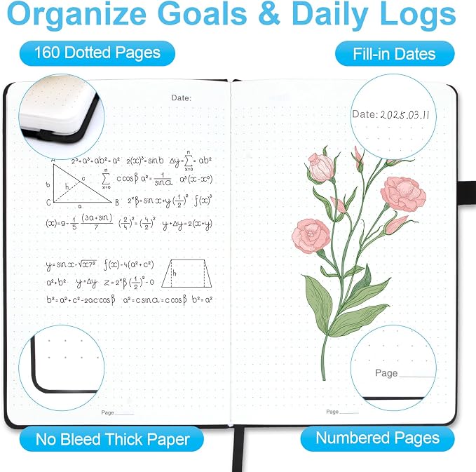 Dotted Journal Notebook A5, Dot Grid Bullet Journal for Women, 160 Pages with 100gsm Thick Paper for Journaling, Planning, Habit Tracking & Notes, Gift for Women, Black