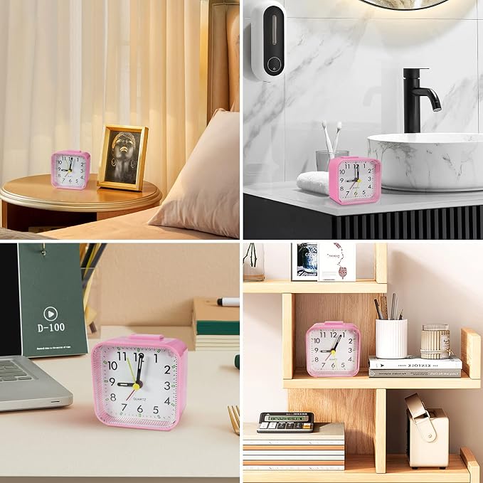 Lamisola Small Pink Kids Desk Alarm Clock, Analog Travel Battery Operated Clock,Quieter Bedside Clocks for Girls' Bedrooms Bathroom Living Room Kitchen Shelf Clocks
