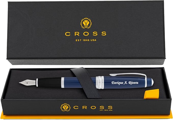 Cross Bailey Engraved Fountain Pen, Blue Lacquer with Chrome Trim, Medium Nib, Proprietary Cartridge, Personalized Gift for Graduation, Career Advancement, Writers, Gift Box Included