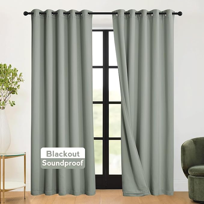 RYB HOME 3-in-1 Soundproof - Blackout - Thermal Insulation Living Room Divider Curtains, Large Bay Window Curtains for Bedroom Theatre Office Backdrop, Sage Green, W 62 x L 95 inches, 2 Panels