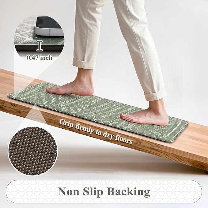KIMODE Kitchen Anti Fatigue Mats, Green Farmhouse Kitchen Rugs Sets of 2, Memory Foam Kitchen Mats for Floor, Waterproof Standing Mat for Sink Laundry Office Desk 20"x47"+20"x32"