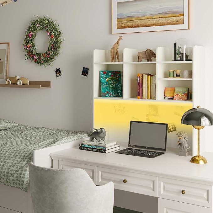 ChooChoo Desk Hutch Dorm with LED Lights, Desktop Bookshelf with 7 Shelves | Desktop Shelf, Bookshelf Storage for College Dorm Office Home, White