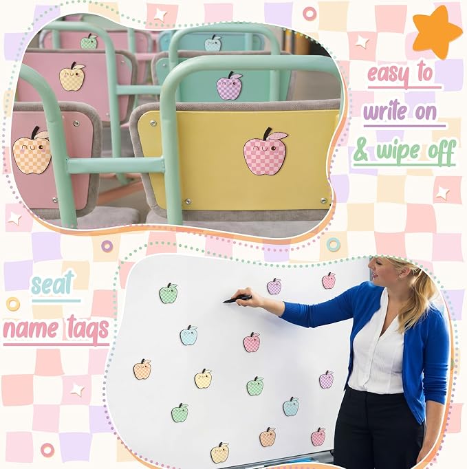 48 Pcs Pastel Fruit Dry Erase Magnetic Labels Colorful Checkerboard Fruit Student Name Tags Magnetic Locker Name Plates Stickers for Back to School Classroom Desks School Whiteboards