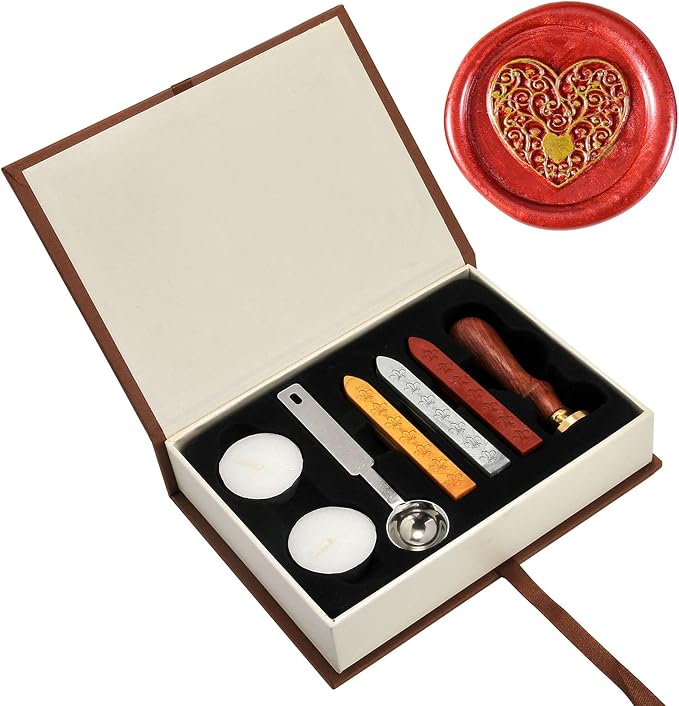 Yoption Wax Seal Stamp Kit, The Heart Sealing Stamp with Gold Red Silver Sealing Wax Sticks Gift Box Set for Invitations, Cards, Letters, Gift Idea