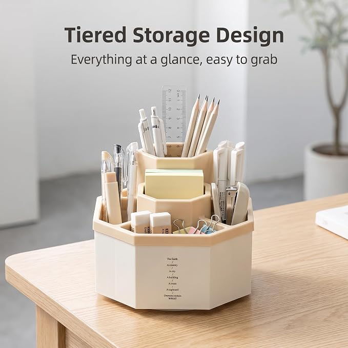Jekelife 360 Degree Rotating Pen Holder,5-Compartment Desk Organizer,Pink | Compact 5-compartment pen organizer rotates smoothly to store writing tools, craft supplies and small desk accessories.