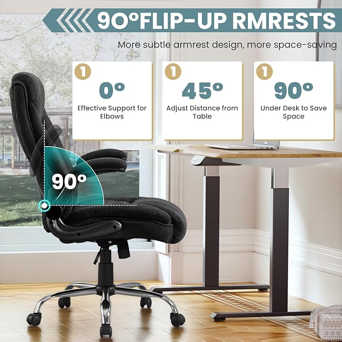 Big and Tall Office Chair 550lbs Heavy Duty Executive Fabric Office Chair with Adjustable Height, Flip-Up Armrests, Wide and Thick Seat Cushion, Comfy Chair for Heavy People, Ideal for Office Work