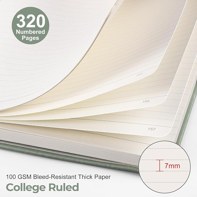 EMSHOI A5 College Ruled Notebook, 320 Numbered Pages 100GSM Ink-Proof Faux Leather Hardcover Lay-Flat Lined Journal for Work Office School Writing, SUN Design, Small 5.75" x 8.38", Green