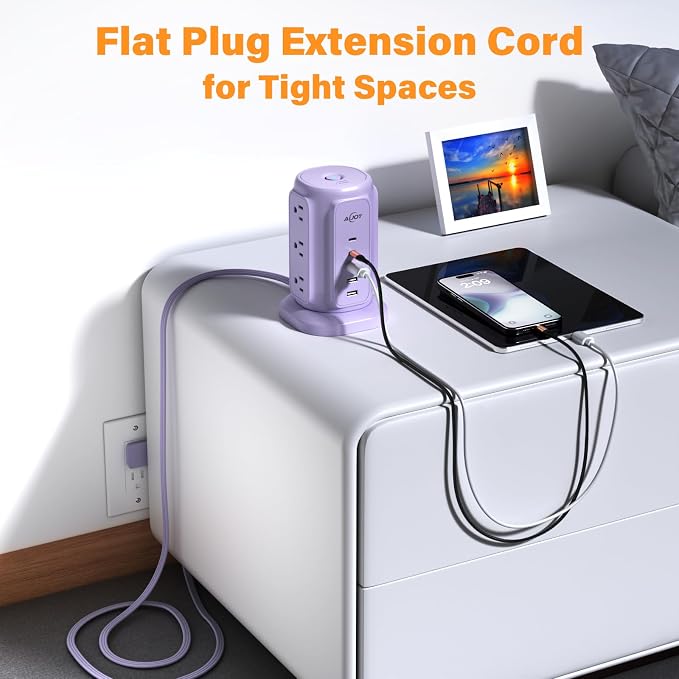 AiJoy Flat Plug Power Strip Tower with 9 AC Outlets and 5 USB Ports | USB Charging Station with 1200J Protection, 6 Feet Extension Cord for Apartment Essentials, Desk Accessories for Women