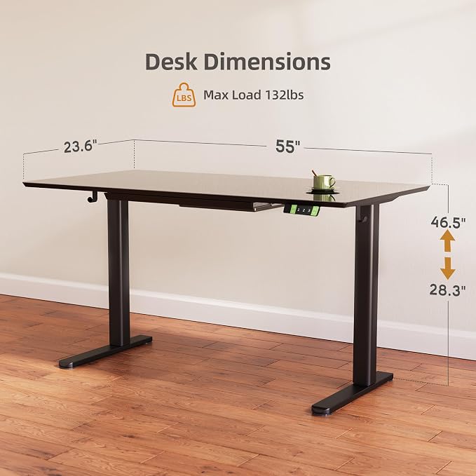 INNOVAR Glass Standing Desk with Drawers, 55×24 Inch Adjustable Stand Up Desk, Quick Install Home Office Computer Desk, Black | Tempered Glass Top, Ergonomic, Adjustable Height, Stand Up Desk,4 Memory Presets