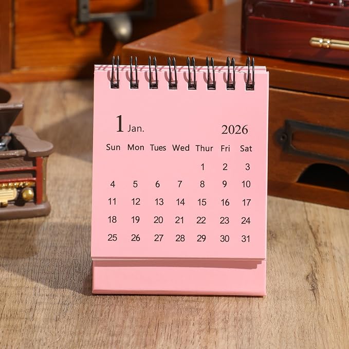 Mini Desk Calendar 2026-2027 - Jan 2026 to June 2027 Small Desktop Calendar Mini Daily Schedule Thick Paper Twin-Wire Binding with Stickers for Home Office School (Mini Pink)