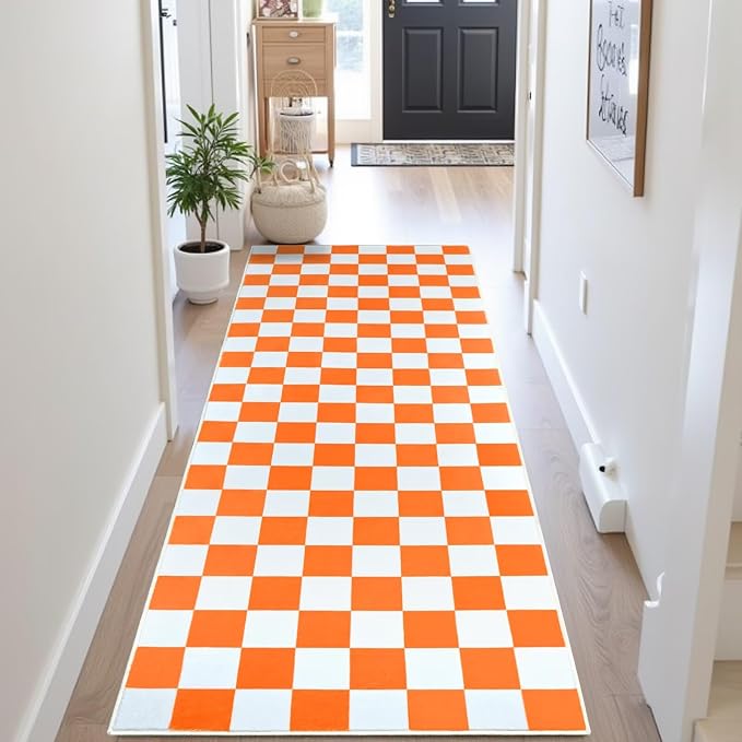 Terrug Orange and White Checkered Area Rug for Kitchen,2x6 Runner Rugs Washable with Non Slip for Bedroom,Soft Low Pile Stain Resistance Retro Carpet for Entryway Hallway