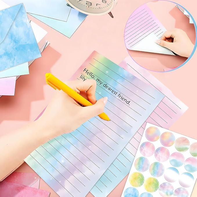 FUNCLASS 160 Pcs Stationery Set Letter and Envelopes – 50 Lined Stationery Paper and 50 Matching Envelopes, 5.5 x 8.25 Inches Letter Writing Stationery for Home, Office, School (Watercolor-B)