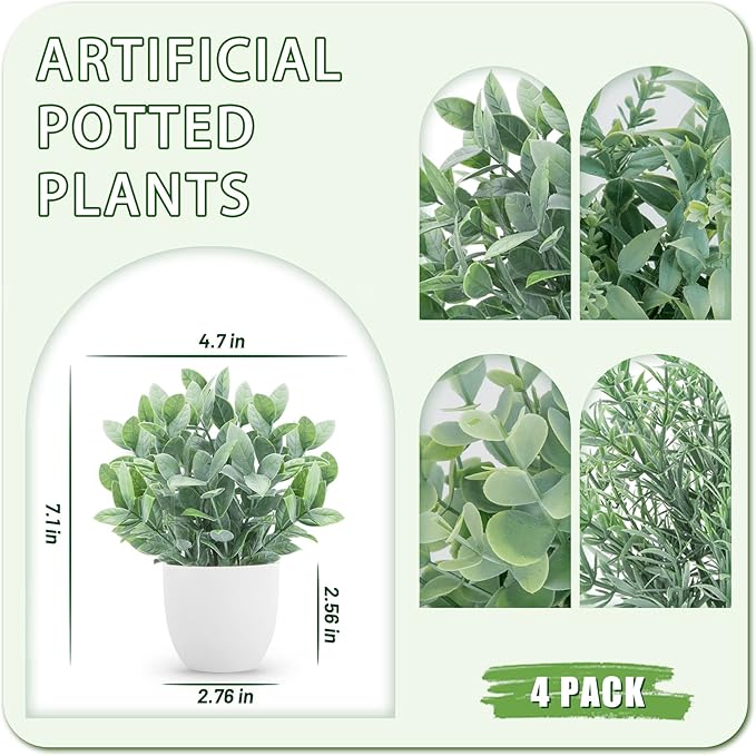 Der Rose Faux Plants Indoor, 4 Pack Small Fake Plants Mini Artificial Plants in Pots for Home Office Shelf Farmhouse Bathroom Decor