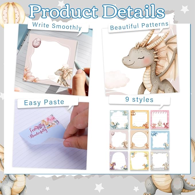 Cute Dragon Sticky Notes Gifts, 9 Pack Cartoon Dragon Notepads 3x3 Inch Gifts for Students Coworkers, Cute Self-Adhesive Memo Pads Office School Supplies for Men Women (450 Sheets)