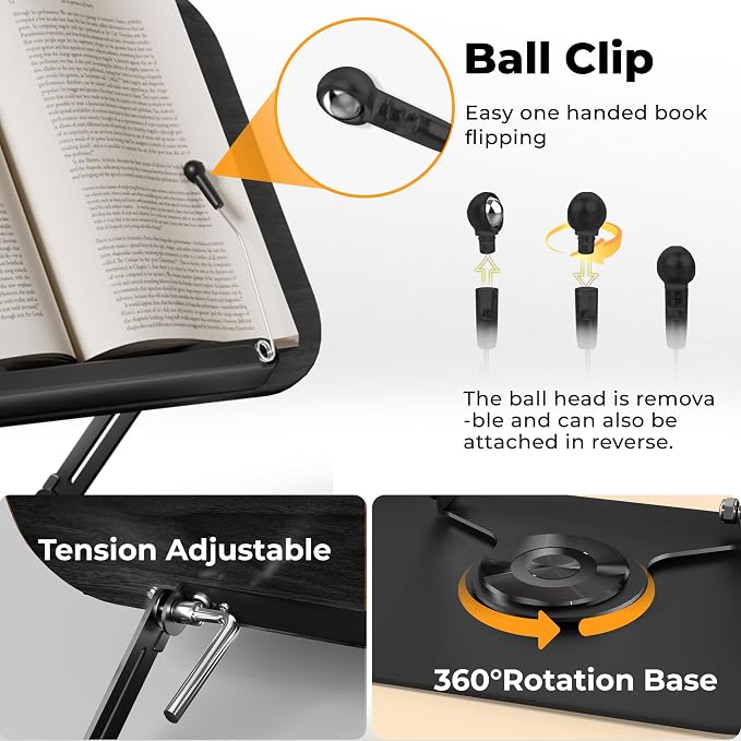 SupeDesk Book Stand for Reading, Adjustable Book Holder with 360° Rotating Bases, Foldable Designs, and Elastic Clips, Multifunctional Display Stand for Recipe, Cookbooks, Magazines, Tablets, Laptops