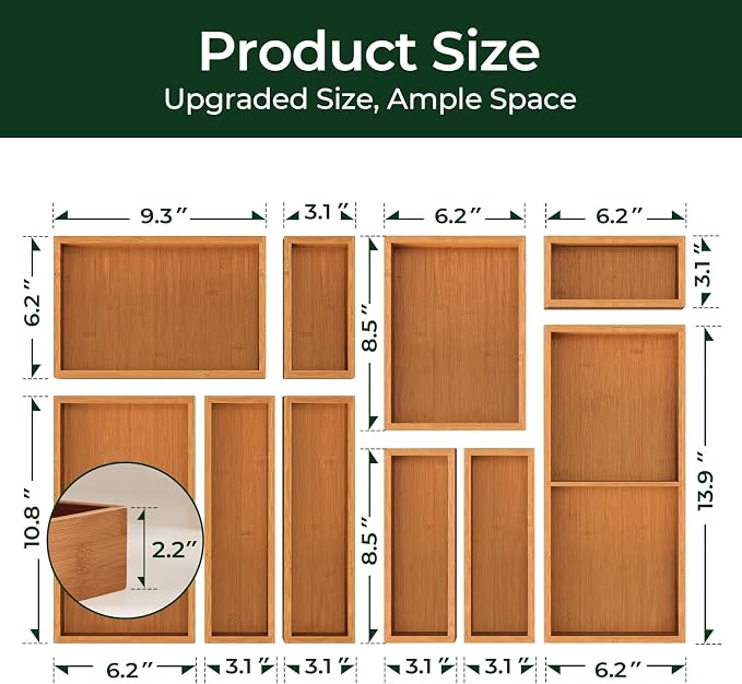 keechee 10-Piece Bamboo Drawer Organizer Set, 2.2" Deep Multi-Use Organizers for Utensils, Silverware, Cutlery, Desk, Bathroom, Junk Drawer & Makeup, Non-Slip Feet Included.