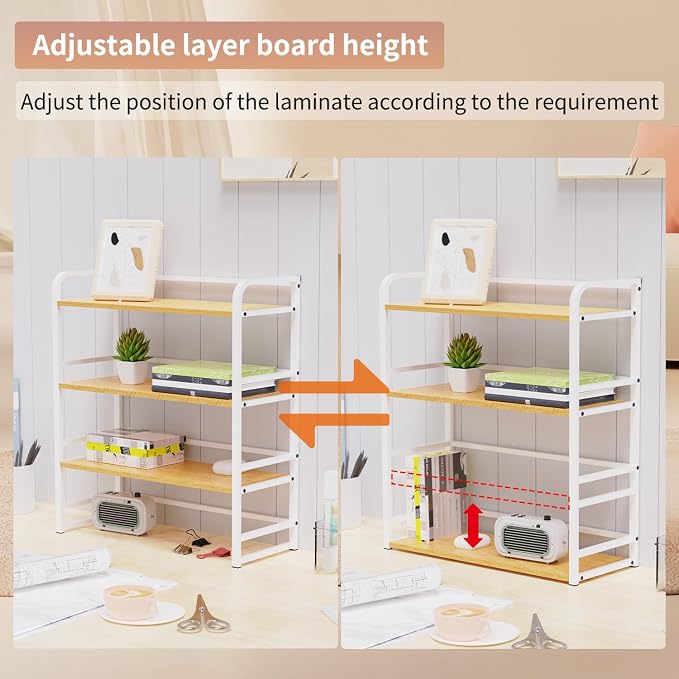Office Desk Shelf Organizer, Wood Desktop Bookshelf Supplies Storage Rack, Shelf for Top of Desk and Dresser and Cubicle Decor Aesthetic Bookshelf (Black Black, Three Tier, 11.81Lx7.87Wx22.05H)