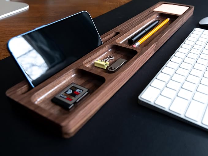 Walnut Wood Office Desk Tray Organizer, Multi-Compartment Storage Solution, Supply Organization Caddy, Tabletop Home Workspace