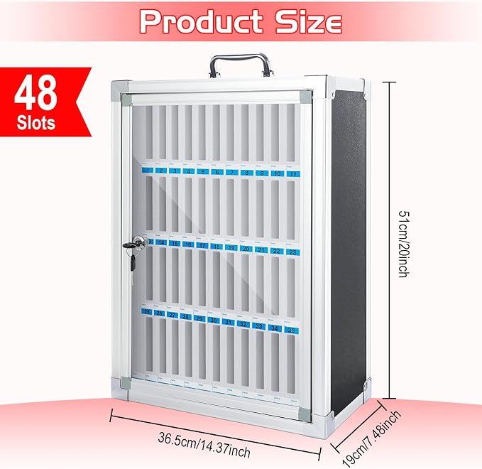 Amylove Cell Phone Locker Cabinet Aluminum Alloy Pocket Chart Storage Locker Box Cabinet Wall-Mounted Cell Phones Storage Box with Handle for Office Classroom Gym(Black,48 Slots)