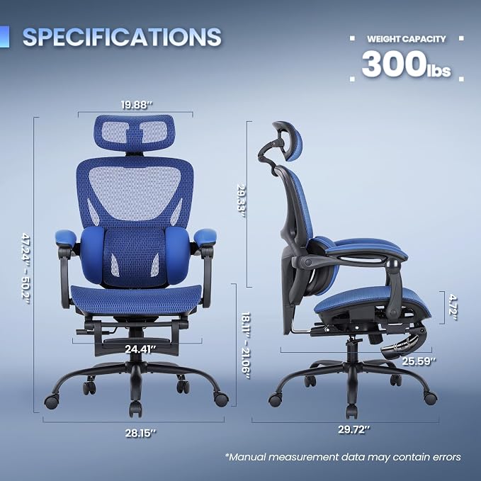 MALOL Ergonomic Mesh Office Chair with Footrest, Executive High Back Computer Desk Chair with 3D Adjustable Headrest & 5-Level Lumbar Support, Track Armrest, Tilt Lock, 300LBS, Blue