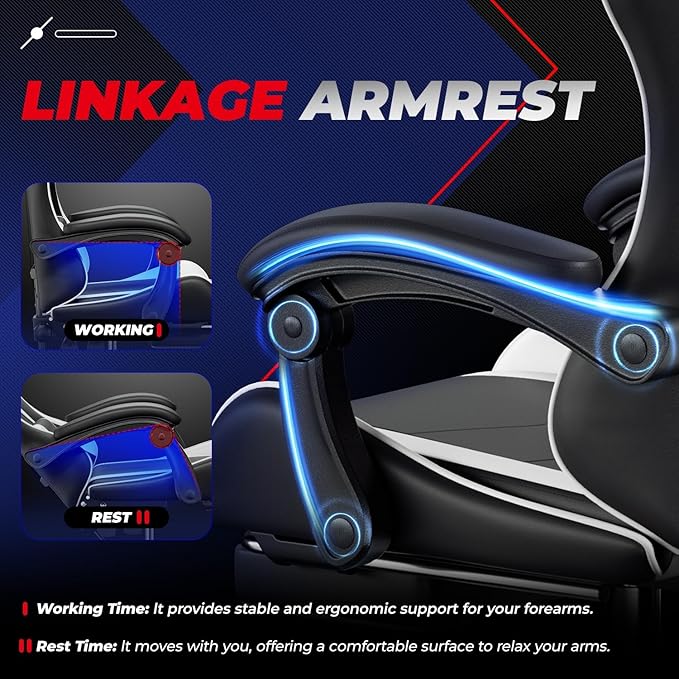 Auto Dynasty Ergonomic Gaming Chair, High-Back Office Chair w/Adjustable Lumbar Support, Linkage Armrest, Headrest & Footrest, 350LBS Recliner Swivel Computer Game Racing Chair, White/Black