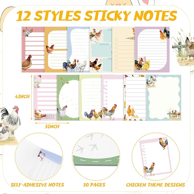 12 Pads Chicken Sticky Notes Cute Sticky Notes 3x4 Roosters Gifts for Women Chicken Funny Memos Animals Notepad Office Supplies Christmas Small Gifts