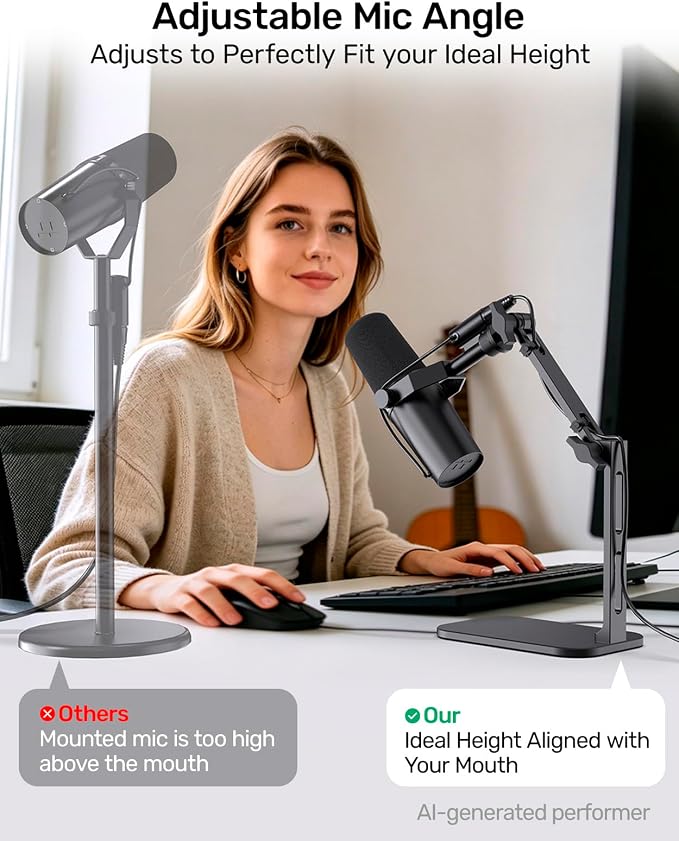 Heavy-Duty Desk Mic Stand, Max Load 2.68 lb Compatible with Rode Podmic, Blue Yeti, Shure and More Mics, Perfect for Small Space Home Office Streaming Setup, Black (up to 1220g)