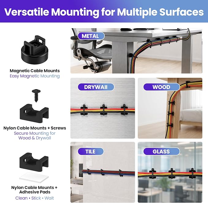 Magnetic Zip Tie Mount, 24 PCS Magnetic Wire Holders, 25 LBS Cable Tie Mount Kit with Adhesive Pads, Screws and Zip Ties for Home, Garage, Office, Workshop, RV and Marine Cable Management