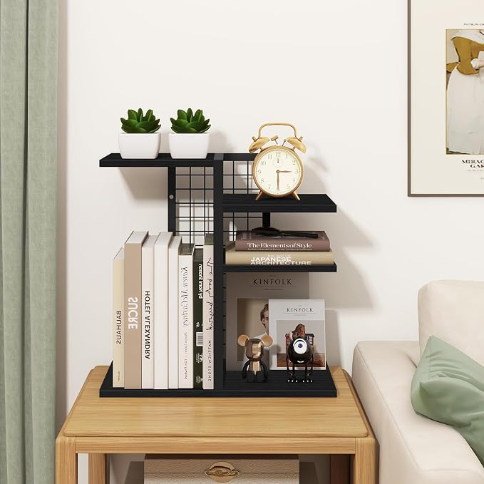 ELITEROO Desktop Bookshelf, 4 Tier Wood Desk Organizer Shelf, Tabletop Storage Shelf Rack for Office Supplies, Desk Decorations for Women Office, Rustic Black