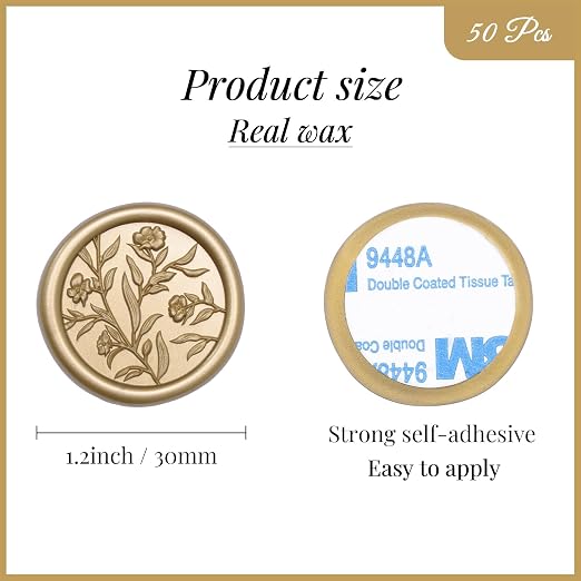 UNIQOOO Wax Seal Stickers - 3D Floral Wedding Invitation Envelope Seal Sticker, 50 Pcs Self- Adhesive Prosecco Metallic Light Gold Flower Stickers, Perfect for Invitation, Christmas, Gift Wrapping