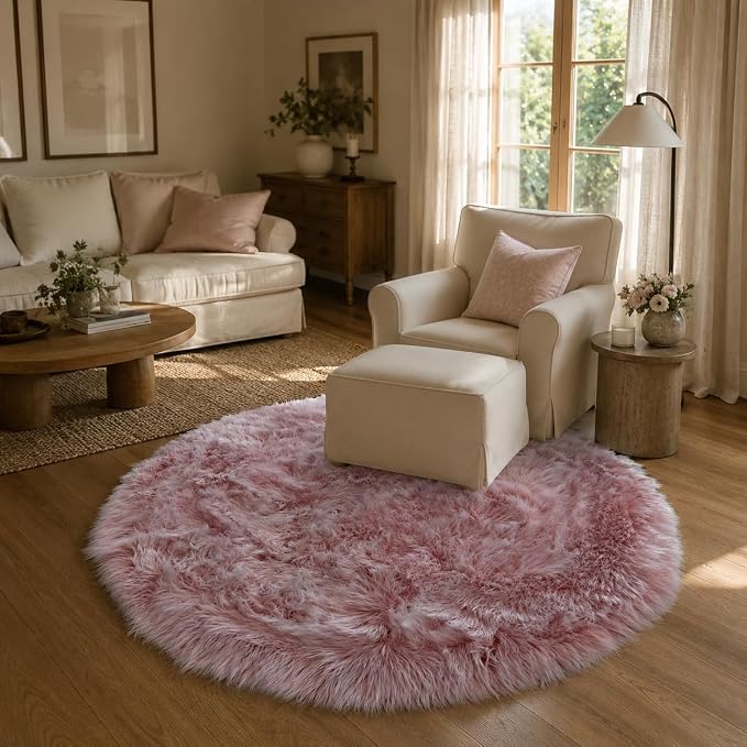 EasyJoy Faux Sheepskin Rug, Fluffy Faux Fur Rug, Ultra Soft Shag Area Rug with Non-Slip Backing for Bedroom, Living Room, Nursery, Kids Room(4 x 4 ft Round, Frosted Bottom Pink)