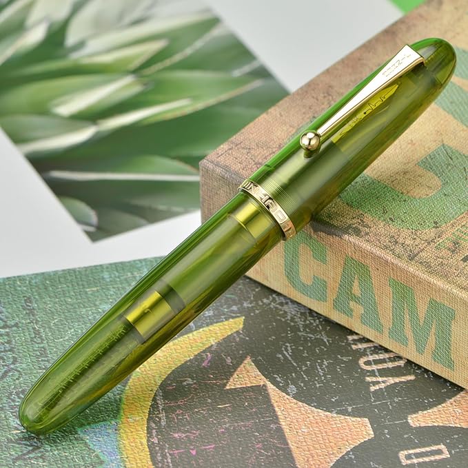 Jinhao 9019 DaDao Series Fountain Pen, Size 8 Medium Cardiogram Nib with Large Ink Converter, Transparent Olive Green Acrylic Design Smooth Writing Pen (Gold Trim)