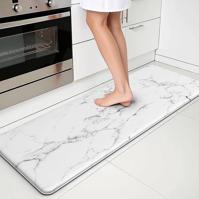 Marble White Kitchen Mats for Floor, Cushioned Anti Fatigue Non-Slip | Cushioned Comfort,Non-Slip Backing,Waterproof Surface,Soft Underfoot,Easy Clean,Kitchen Sink,Laundry Room,Standing Desk