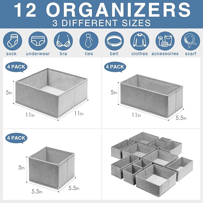 Drawer Organizer Clothes 12 Pack, Dresser Organizer for Nursery Bedroom Closet Organization and Storage - Baby Clothes Organizer Bins - Drawer Divider for Sock Underwear Bra Ties (Grey)