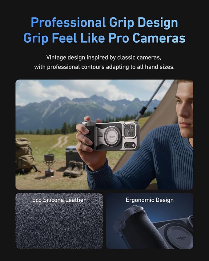 TELESIN Magnetic Master Grip Universal for iPhone/MagSafe, Phone Camera Grips Kit Built 3200mAh Battery Wireless Charging - DSLR Style Handle Holder -【Graphene Case Only for iPhone 17 Pro Max】