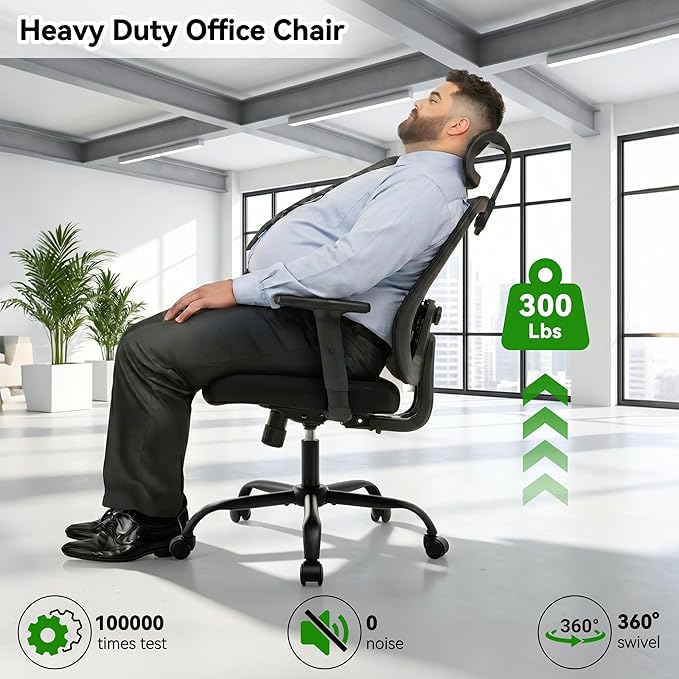 Office Chair with Mesh High Back, Ergonomic Office Desk Chair with Adjustable Lumbar Support, Rolling Work Chairs with Wheels and 3D Headrest, Black