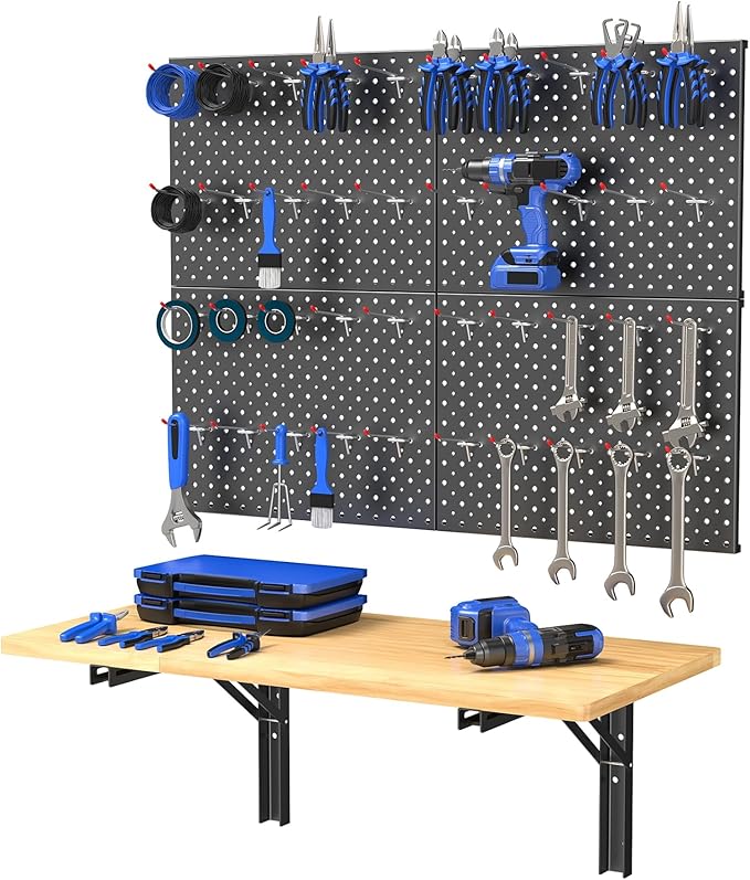 WALMANN Space Saving Wall Mounted Folding Workbench with Pegboard Kit, Heavy Duty Folding Wall Table/Desk for Garage, Workshop, Holds Up to 150 lbs(Tabletop Size: 31.5 x 15.75 in)