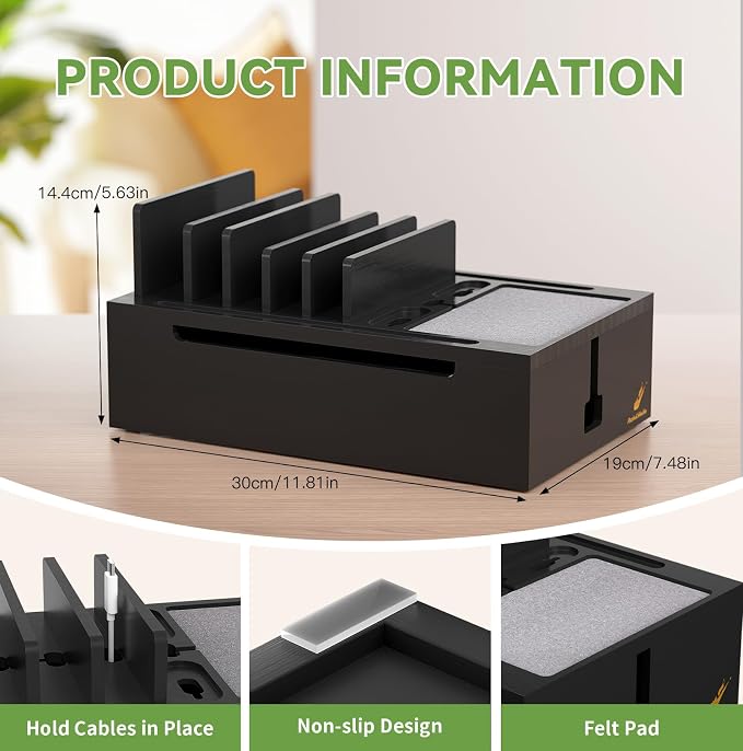 Pezin & Hulin Bamboo Charging Station-Black, (No USB Charger and Cables) | Electronic Devices Organizer for Multiple Devices Charger Such As Cell Phone, Tablet, Watch and More