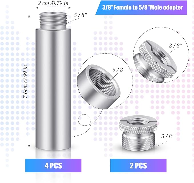 Weewooday 4 Pieces Mic Stand Extension Tube 5/8 Inch Microphone Extension Pipe Aluminium Alloy Stand Extenders Screw Boom Tubes with 2 Metal Adapters(Sliver)
