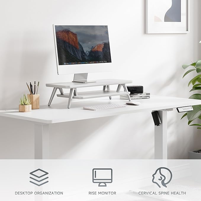 Fenge Monitor Stand Riser, Wooden Desk Shelf with 2-Tier Storage | 23.6-Inch Wide, Sturdy Aluminum Legs, Built-In Phone & Tablet Slot, Desktop Organizer for Office Accessories