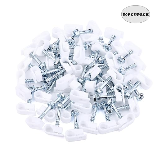 Cable Clips with Screws Fastener 1/4 Inch (6 mm) - All Weather Wire Clips for Coaxial, Ethernet,Electrical Cables,Brick/Stucco Siding Clips, UV-Resistant for Outdoor Wall Mount,50 Pack,White