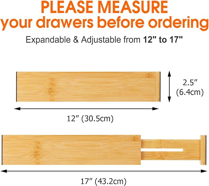 Bamboo Drawer Dividers, Adjustable Drawer Organizers, Fits 12.6–16" Drawers | 2.5" High, 4 Pack Expandable Drawer Separators for Kitchen, Nursery, Dressers & Office Storage, Natural