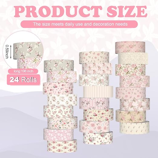 Gueevin 24 Rolls Watercolor Floral Washi Tape Set 15 mm Seasonal Flower Decorative Washi Tape for Craft Arts DIY Scrapbook Journaling Supplies Gift Wrapping (Pink Floral)