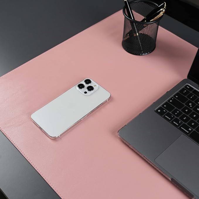 Jersey Genuine Calfskin Leather Desk Pad, Office Desk Mat with Non-Slip Bottom, Smooth Surface for Mouse & Keyboard, Desk Protector (36x19 inches) (Pink)
